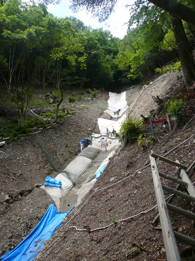 布製型枠を用いた急勾配の山腹水路工の施工状況