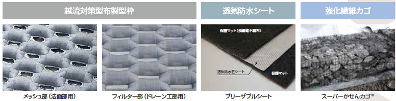 越水に対して「粘り強い河川堤防」越流対策型布製型枠
使用部材